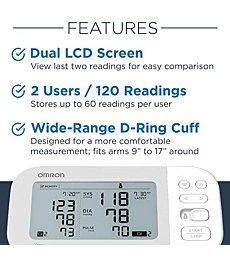 OMRON Gold Blood Pressure Monitor, Premium Upper Arm Cuff, Digital Bluetooth Blood Pressure Machine, Stores Up To 120 Readings for Two Users (60 readings each)