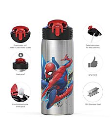 Zak Designs 27oz Marvel 18/8 Single Wall Stainless Steel Water Bottle with Flip-up Straw Spout and Locking Spout Cover, Durable Cup for Sports or Travel (27oz, Spider-Man)