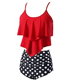 Womens High Waisted Bathing Suits Flounce Halter Tank Top Bikini Bottoms Tummy Control Modest Swimwear Two Piece Swimsuits Tankini Red Polka M