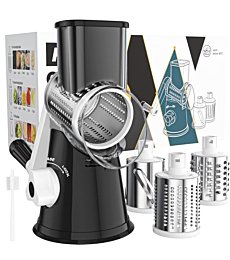 Cambom Rotary Cheese Grater Hand Crank Cheese Shredder for Fresh Cheese, Vegetable, Nuts,Non-slip Suction Base, Free Cleaning Brush Three Blades, Black