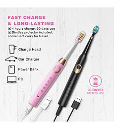 Electric Toothbrush 2 Pack , 10 Brush Heads, Travel Rechargeable Sonic Electric Toothbrush Last for 30 Days , 2 Minute Timer , Ultrasonic Electric Toothbrushes for Adults and Kids Black and Pink Dnsly