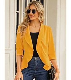 KOJOOIN Womens Casual Blazer 3/4 Sleeve Open Front Ruffle Work Office Cardigan Suit Jacket Mustard L