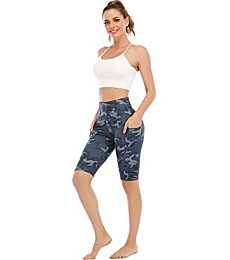 CHRLEISURE Biker Shorts with Pockets for Women High Waist, Tummy Control Workout Spandex Shorts (12“ BlueCamo, XL)