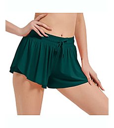 Wsirmet Women's 2-in-1 Double Layer Running Yoga Shorts Quick-Dry Drawstring Waist Flowy Hem Fitness Workout Athletic Shorts Ink Green