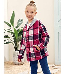 Girls Cute Flannel Plaid Hoodie Long Sleeve Button Down Jacket Shirts Coat