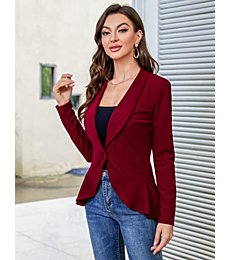 KOJOOIN Womens Casual Blazer Long Sleeve Open Front Ruffle Work Office Cardigan Suit Jacket Long Sleeve-Wine Red L