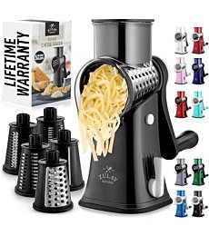 Zulay Rotary Cheese Grater 5 Blade Cheese Shredder - Manual Hand Crank Cheese Grater With Reinforced Suction & 5 Interchangeable Drums - Easy to Use, Vegetable Chopper Round Mandoline Slicer - Black