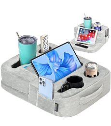 TabCouchCaddy - Couch Cup Holder Tray Pillow - Bed, Couch Caddy, Sofa, RV & Car - Holds Drinks, Snacks, Remotes, Phones, Kindle, Tablet | Bed Cup Holder (Grey)