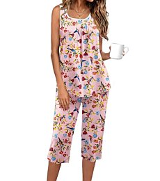 Ekouaer Capri Pajama Sets for Women 2 Piece Soft Cute Pjs Round Neck Sleeveless Lounge Set for Summer Sleepwear Parrots Garden XXL