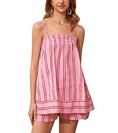 calbatic Women 2 Piece Lounge Set Striped Summer Pajama Set Sleeveless Peplum Cami Top and Wide Leg Shorts Set Beachwear Pink