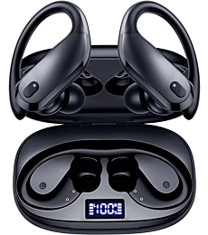 GNMN Wireless Earbuds Bluetooth Headphones Over Ear Buds 90H Playback IPX7 Waterproof Sports Earphones Deep Bass with Wireless Charging Case Dual LED Power Display Earhooks Headset for Running Black