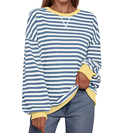 Trendy Queen Oversized Sweatshirt for Women 2024 Fall Crewneck Striped Long Sleeve Shirts Hoodies Preppy Top Y2K Outfits Bluewhite