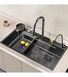 Musurjoy Kitchen Black Sink with waterfall faucet, knife rack, cup wash, and drainer basket.