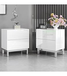 AMERLIFE High Gloss Electroplated Nightstand Set of 2, 24" Modern Minimalist Sofa Side Table with 2 Magnetic Storage Drawers, Rectangular Simple End Table Bedside Table for Bedroom Living Room, White