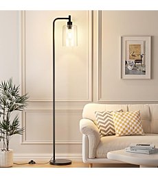 Ziisee Industrial Floor Lamp with Glass Shade - Black, LED Bulbs, Foot Pedal Switch, Easy Assembly