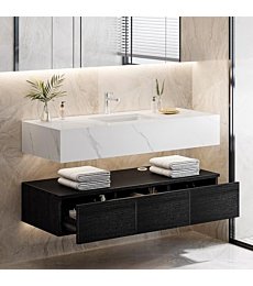 DWVO 48 Inch Floating Vanity Bathroom Wall Mounted Bathroom Storage Cabinet Single Integrated Set with Sintered Stone Countertop, Ceramic Basin Sink and 3 Drawers for Bathroom, Black