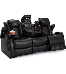 Seatcraft Omega Home Theater Seating - Living Room - Leather Gel - Power Recline - Power Headrests - AC and USB Charging - Lighted Cup Holders - Fold Down Table (Sofa, Black)