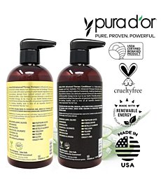 PURA D'OR Shampoo and Conditioner bottles side-by-side on a shelf, with healthy, thick hair in the background.