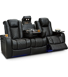 Seatcraft Anthem Home Theater Seating - Living Room - Top Grain Leather - Power Recline Sofa - Fold-Down Table - Powered Headrests - Arm Storage - AC/USB and Wireless Charging - Black