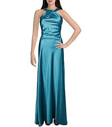 Stunning Calvin Klein Women's Halter Neck Gown featuring a beautifully draped neckline and an alluring open back.