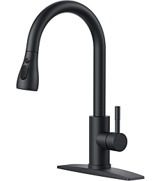 FORIOUS Black Kitchen Faucets with Pull Down Sprayer, Kitchen Sink Faucet with Pull Out Sprayer, Fingerprint Resistant, Single Hole Deck Mount, Single Handle Copper Kitchen Faucet, Matte Black