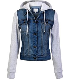 Design by Olivia Women's Hooded Denim Jacket in Medium Denim, featuring a classic silhouette and soft denim fabric.