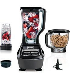 Powerful Ninja BL770AMZ Mega Kitchen System with 72oz pitcher, food processor bowl, and single-serve cup attachments.