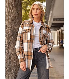 Cozy Fall Fashion: Women's Flannel Shacket in Classic Plaid Design.