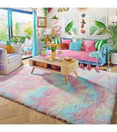 Rainbow Fluffy Rugs for Girls Bedroom, 4x6 Rug, Unicorn Room Decor, Pastel Area Rug for Kids, Shag Carpet for Nursery, Soft Play Mat for Baby, Fuzzy Rug for Living Room, Plush Throw Rug for Playroom