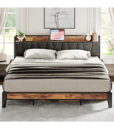 LIKIMIO King Size Bed Frame, Storage Headboard with Charging Station, Solid and Stable, Noise Free, No Box Spring Needed, Easy Assembly