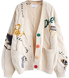 Women's Cable Knit Long Sleeve Open Front Cardigan Sheep V-Neck Button Down Embroidery Wool Blend Sweater Coat Outwear (2XL,Beige)