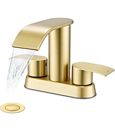 Ultimate Unicorn Waterfall Bathroom Sink Faucet Brushed Gold, Two Handles Bathroom Faucet with Metal Pop up Sink Drain Stopper, 2 or 3 Holes Bathroom Basin Lavatory Mixer Tap with Deck Mount Plate