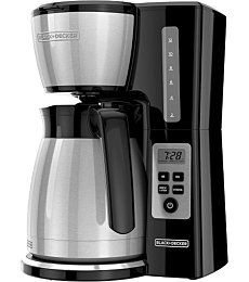 BLACK+DECKER 12-cup thermal coffee maker with a carafe pouring a cup of coffee.