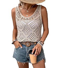 COZYEASE Women's Crochet Tank Tops Knit Sweater Vest Hollow Out Sleeveless Cover Up Summer Boho Top Scoop Neck Pullover Khaki