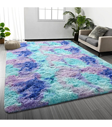 Deerhoo Large Shag Area Rugs 5 x 8, Tie-Dyed Plush Fuzzy Rugs for Living Room, Ultra Soft Fluffy Furry Rugs for Bedroom, Indoor Carpet Nursery Rugs for Kids Room Home Decor, Rainbow