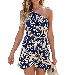 CUPSHE Women's Beach Dress One Shoulder Tropical Sleeveless Self Tie Mini Summer Dress Navy Floral, XS