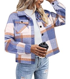 Front view of Zeagoo Women's Cropped Shacket in soft plaid flannel.