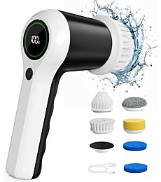 PUFTEM Electric Spin Scrubber, Cordless Shower Scrubber with Battery Level Display, 2 Speeds Electric Scrubber for Cleaning with 6 Replaceable Heads, Electric Cleaning Brush for Bathroom/Sink/Window