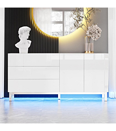 AMERLIFE High Gloss Electroplated Sideboard Buffet Storage Cabinet with LED Lights, 63" Modern Minimalist Console Table with Magnetic Doors & Drawers for Living Room, Dining Room, Entryway, White