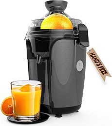 Eurolux Electric Citrus Juicer in gray, squeezing an orange half.