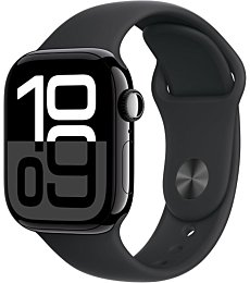 Apple Watch Series 10 (42mm) in sleek jet black aluminum with a comfortable black sport band.