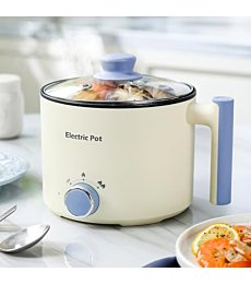 YOOLYQI Electric Hot Pot:1.5 L Ramen Cooker, Dual Power Mini Portable Multi-Functional Lazy Pot for Pasta, Noodles, Egg, Soup, Non-Stick Noodle Cooker with Boil Dry Protection for Dorm, Office (Beige)