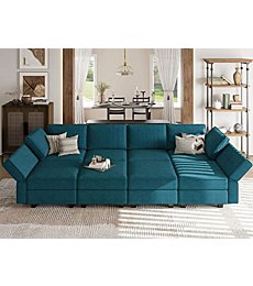 Belffin Peacock Blue Velvet Modular Sectional Sofa Bed, 8 Seater, 3 Sleeper, Storage, Recliner, Modern, Engineered Wood, Living Room, Apartment, Studio, 26.4x58.3x33.5 inches, 99 lbs