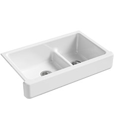 KOHLER K-6426-0 Whitehaven Farmhouse Smart Divide Self-Trimming Undermount Apron Front Double-Bowl Kitchen Sink with Short Apron, 35-1/2-Inch X 21-9/16-Inch X 9-5/8-Inch, White