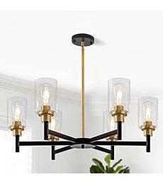 HCCZ 6 Light Dining Room Light Fixture Black & Brushed Brass Gold Farmhouse Chandelier Over Table Modern Hanging Pendant Lighting for Living Room Foyer Kitchen Adjustable Height E26 Socket