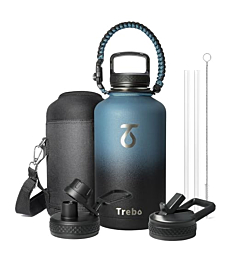 Trebo Water Bottle 64oz with Paracord Handle, Half Gallon Food-grade Double Wall Vacuum Stainless Steel Insulated Jug with Holder Strap Straw Spout Handle Lids, Leakproof Keep Cold & Hot, Indigo/Black