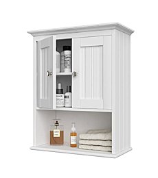 Treocho Wood Wall Cabinet, Bathroom Medicine Cabinet Storage with Doors and Adjustable Shelf, Rustic Cabinet Wall Mounted for Bathroom, Livingroom, Kitchen, Cupboard, White