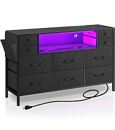 Rolanstar Dresser with Power Outlets and LED Lights, 10 Drawers Dresser with Side Pocket, Fabric Chest of Drawers with PU Finish, Small Dresser with Sturdy Frame & Wood Top for up to 55inch TV, Black