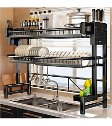 3-Layer Stainless Steel Dish Drying Rack above a sink, fully expanded with dishes and utensils.