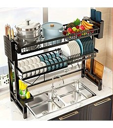 3-Layer Stainless Steel Dish Drying Rack above a sink, fully expanded with dishes and utensils.